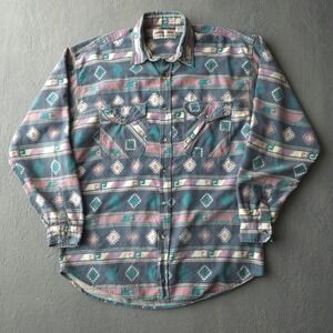 Vintage 90s Northwoods Blue Aztec Flannel Shirt XL Southwestern Pattern